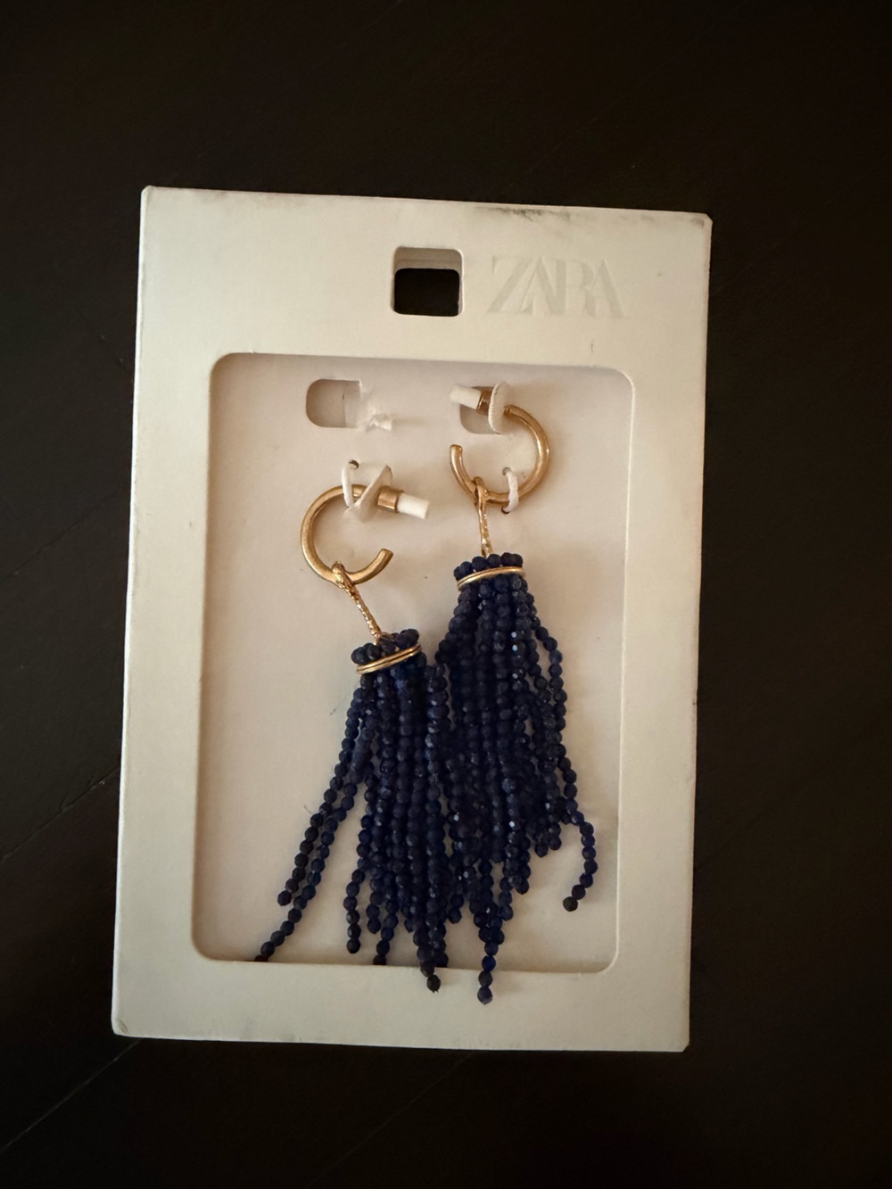 Zara Navy Beaded Tassel Hoop Earrings with Gold Rings